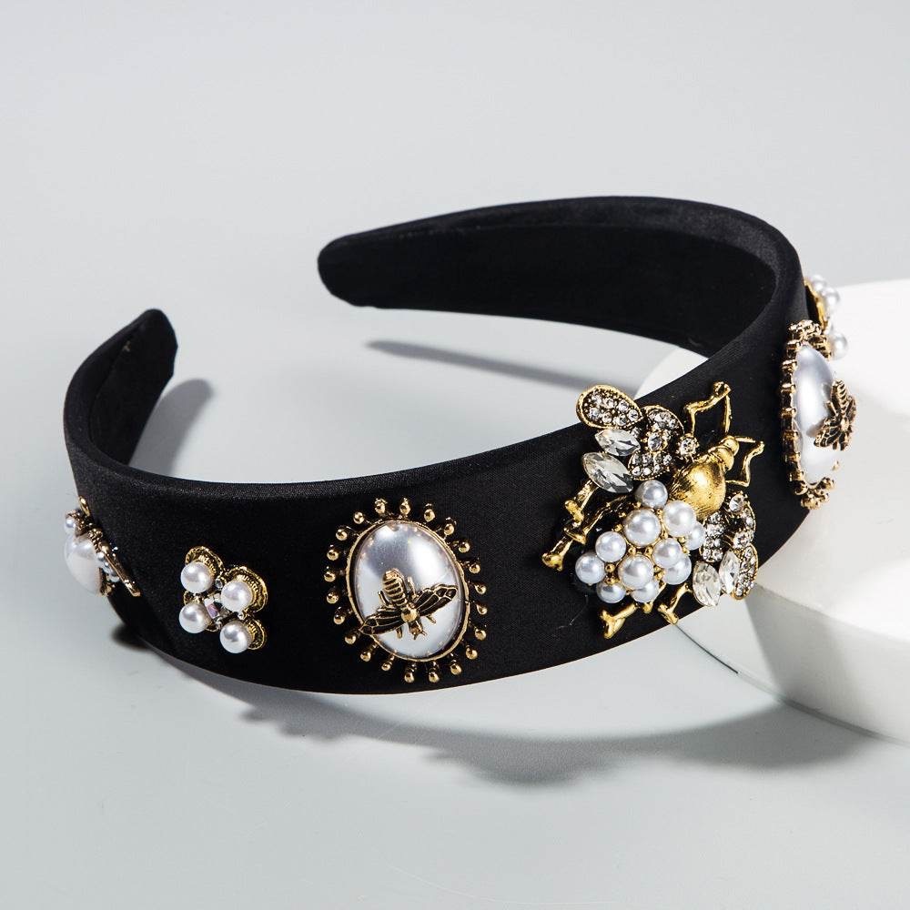 Bee pearl Headband black baroque inspired faux pearls gold tone Victorian *flaw - Picture 5 of 17